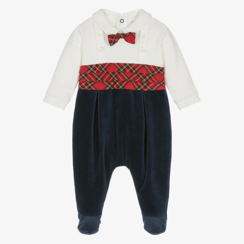 Boys Navy Blue Velour Tartan Babygrow