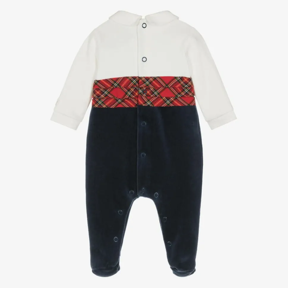Boys Navy Blue Velour Tartan Babygrow