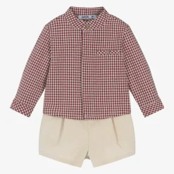 Boys Red Gingham & Beige Cotton Shorts Set