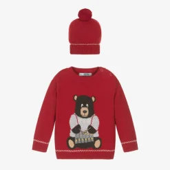 Boys Red Knitted Bear Sweater & Hat Set