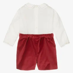 Boys Red Velvet Hand-Smocked Buster Suit