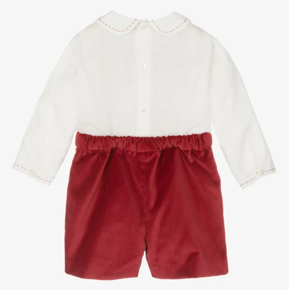 Boys Red Velvet Hand-Smocked Buster Suit