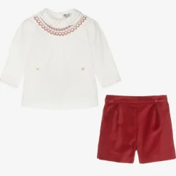 Boys Red Velvet Hand-Smocked Buster Suit