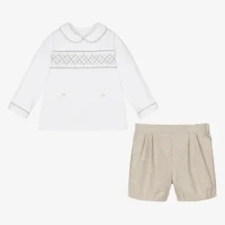 Boys White & Beige Cotton Buster Suit