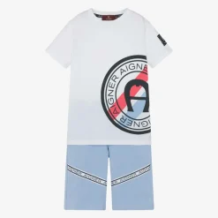 Boys White & Blue Cotton Shorts Set