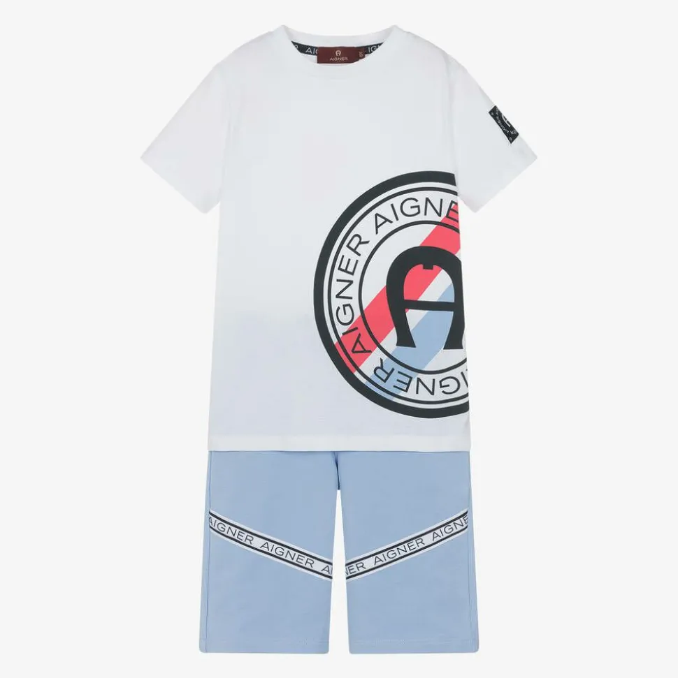 Boys White & Blue Cotton Shorts Set