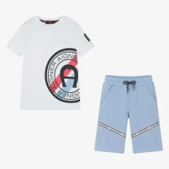 Boys White & Blue Cotton Shorts Set