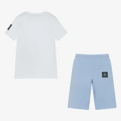 Boys White & Blue Cotton Shorts Set