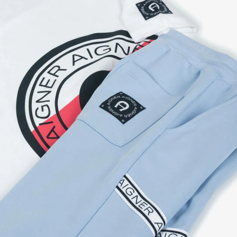 Boys White & Blue Cotton Shorts Set