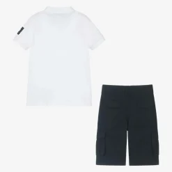 Boys White & Blue Cotton Shorts Set