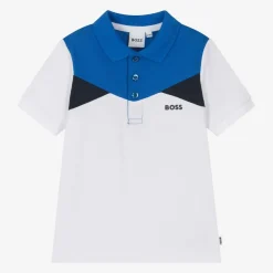 Boys White Colour Block Cotton Polo Shirt
