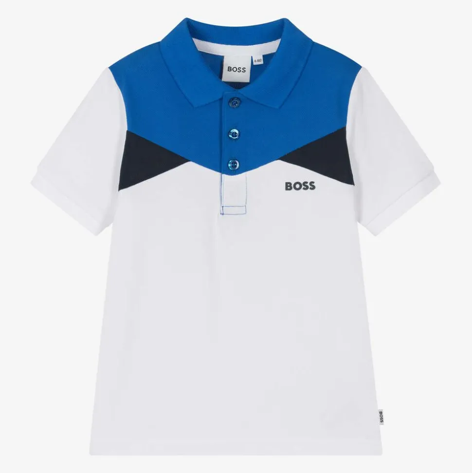 Boys White Colour Block Cotton Polo Shirt