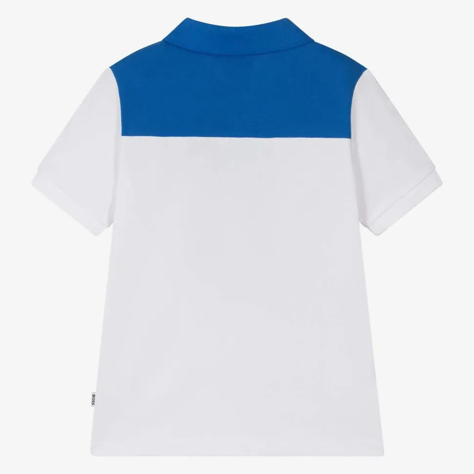 Boys White Colour Block Cotton Polo Shirt