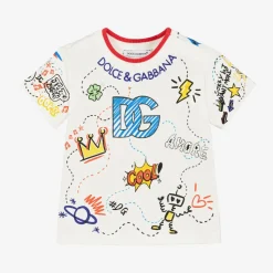 Boys White Cotton Graphic Print T-Shirt