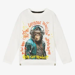 Boys White Cotton Slogan Monkey Top