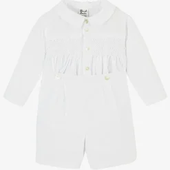 Boys White Hand-Smocked Buster Suit