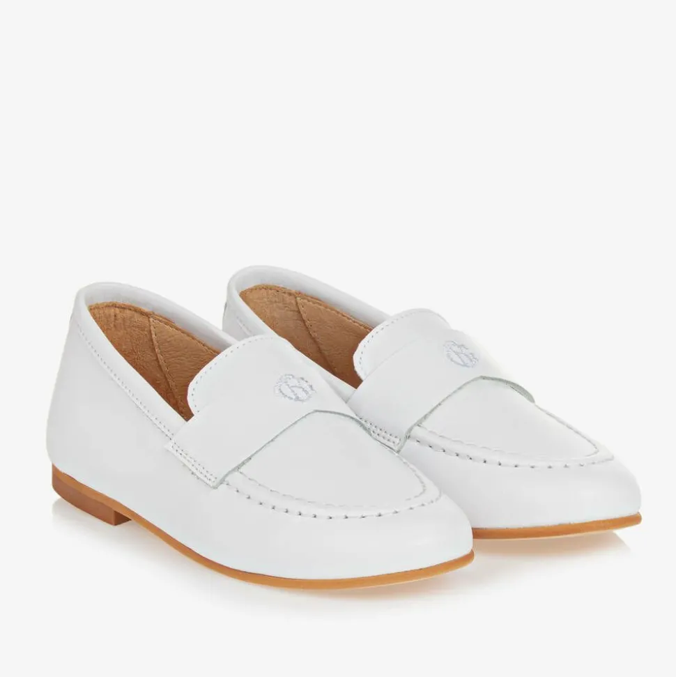 Boys White Leather Monogram Loafers