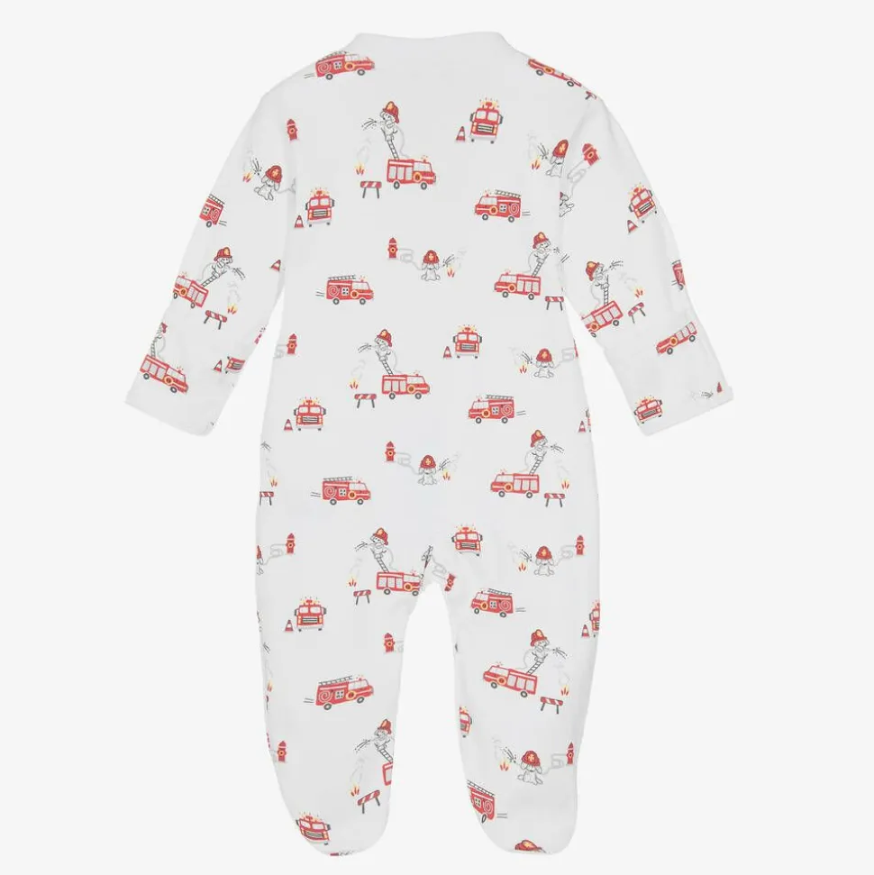 Boys White Pima Cotton Firetruck Fun Babygrow