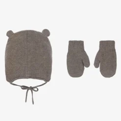 Brown Cotton Bear Hat & Mittens Set