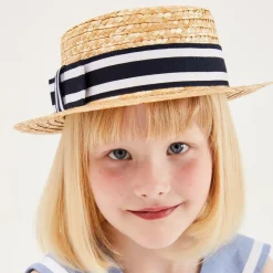 Girls Beige & Blue Straw Boater