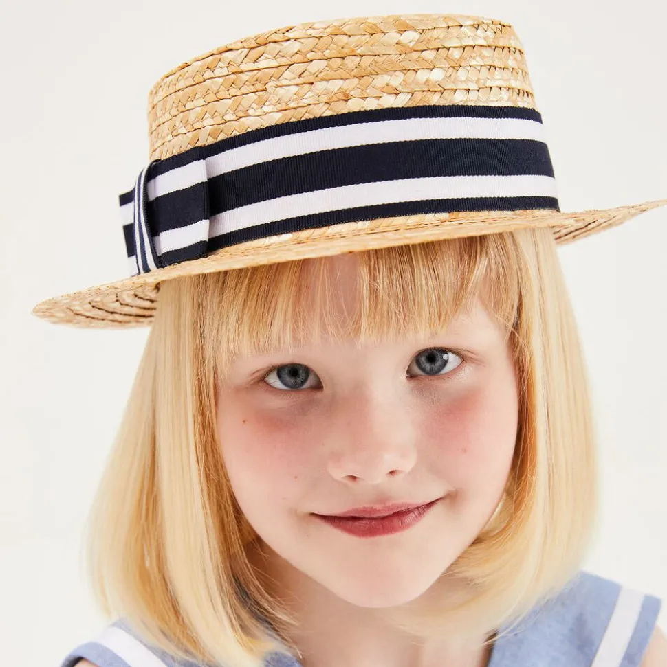 Girls Beige & Blue Straw Boater