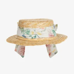 Girls Beige & Floral Trim Straw Hat