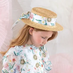 Girls Beige & Floral Trim Straw Hat