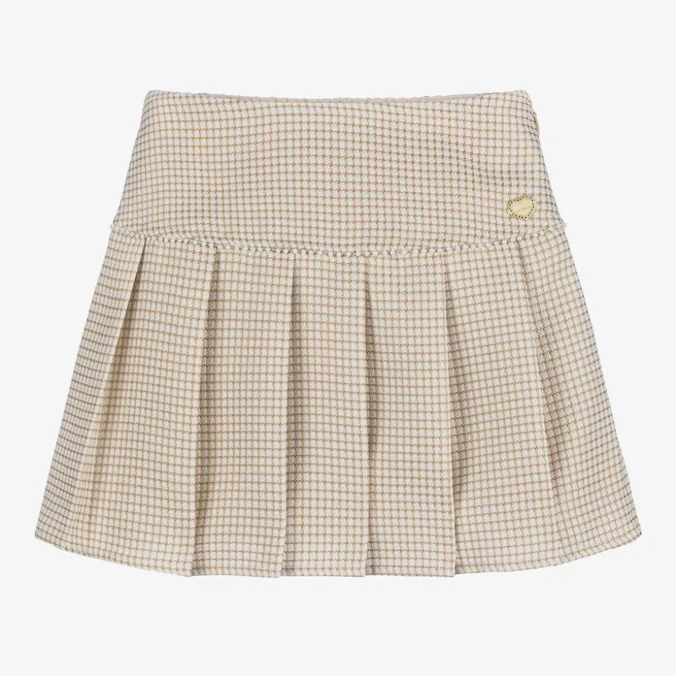 Girls Beige & Glittery Gold Pleated Skirt