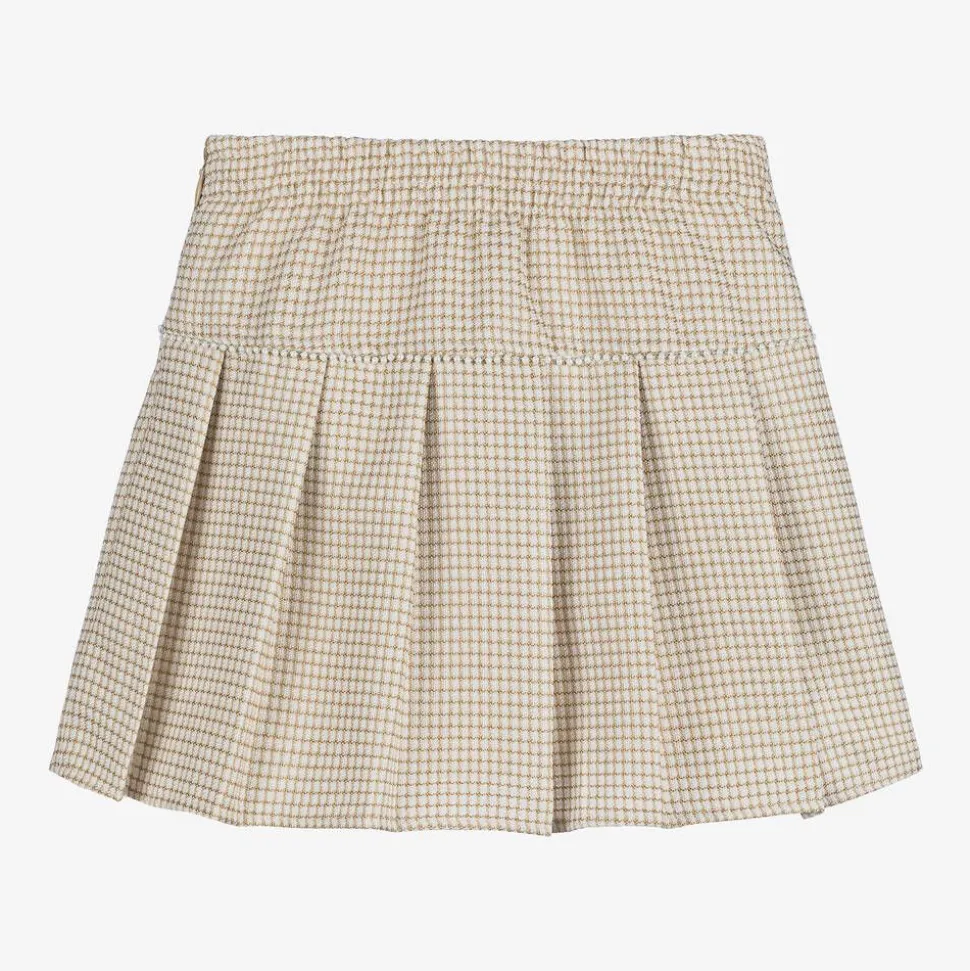 Girls Beige & Glittery Gold Pleated Skirt