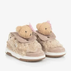 Girls Beige & Pink Teddy Bear Trainers