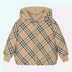 Girls Beige Check Reversible Down Jacket