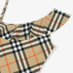 Girls Beige Check Swimsuit
