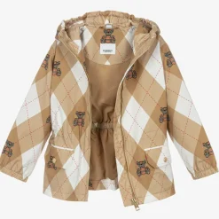 Girls Beige Cotton Argyle Hooded Jacket