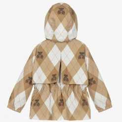 Girls Beige Cotton Argyle Hooded Jacket