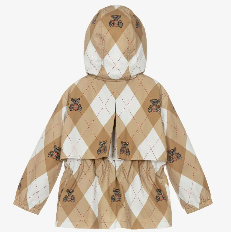 Girls Beige Cotton Argyle Hooded Jacket