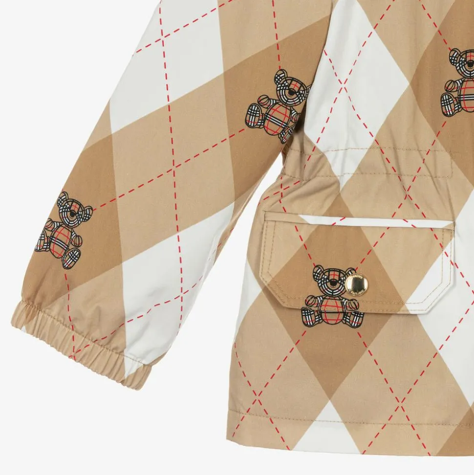 Girls Beige Cotton Argyle Hooded Jacket