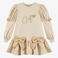 Girls Beige Cotton Bow Dress