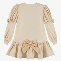 Girls Beige Cotton Bow Dress