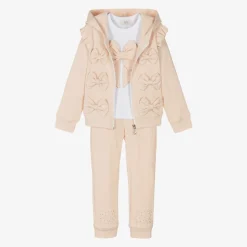 Girls Beige Cotton Bow Tracksuit Set