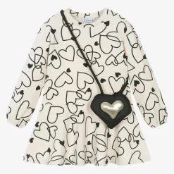 Girls Beige Cotton Heart Print Dress Set