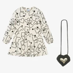 Girls Beige Cotton Heart Print Dress Set