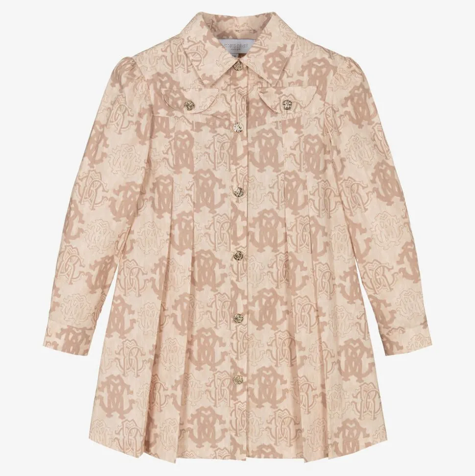 Girls Beige Cotton RC Monogram Dress
