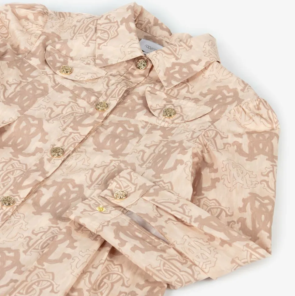 Girls Beige Cotton RC Monogram Dress