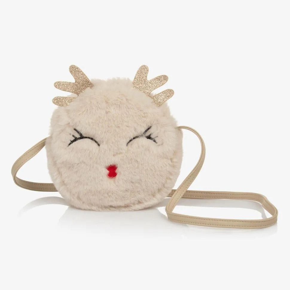Girls Beige Faux Fur Deer Bag (14cm)