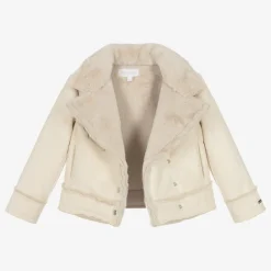 Girls Beige Faux Suede & Faux Fur Jacket