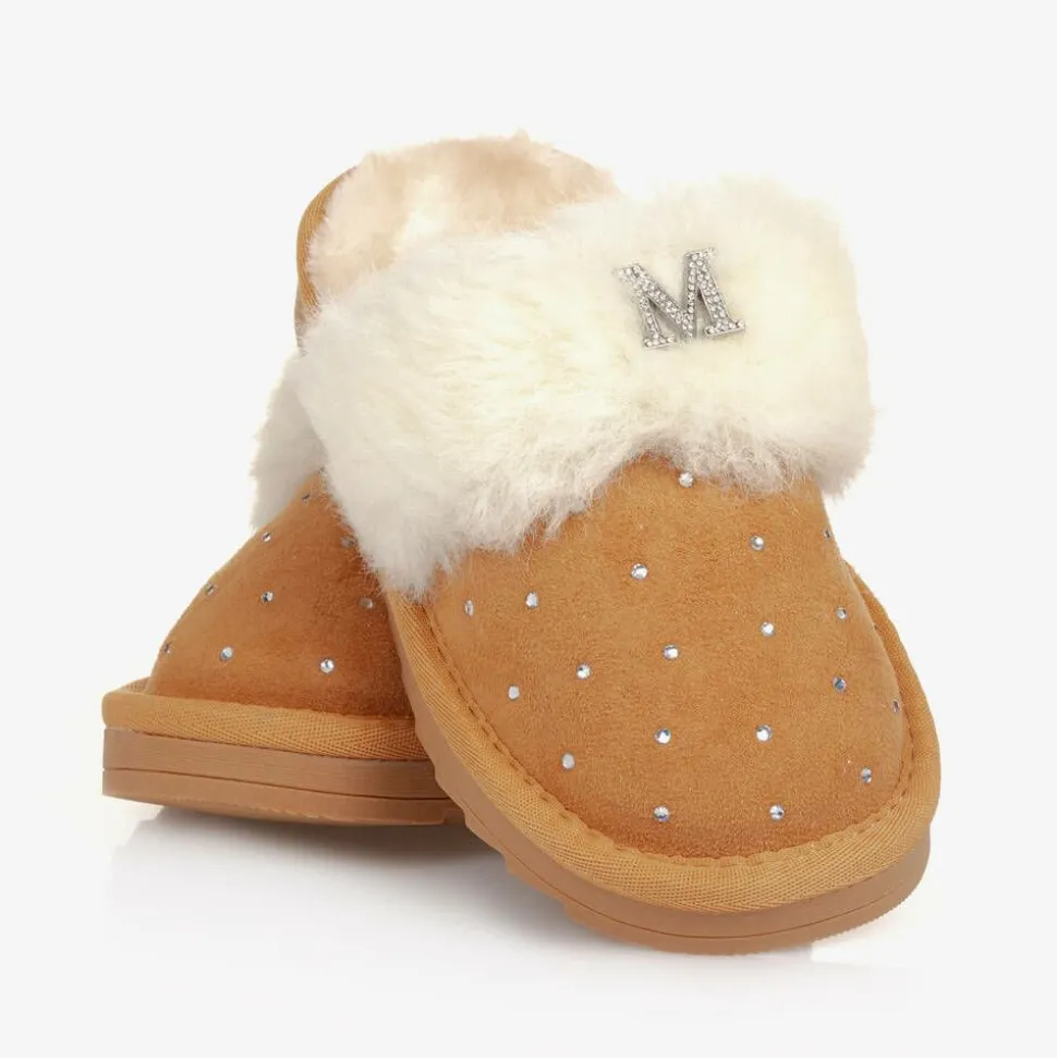 Girls Beige Faux Suede Sparkle Slippers