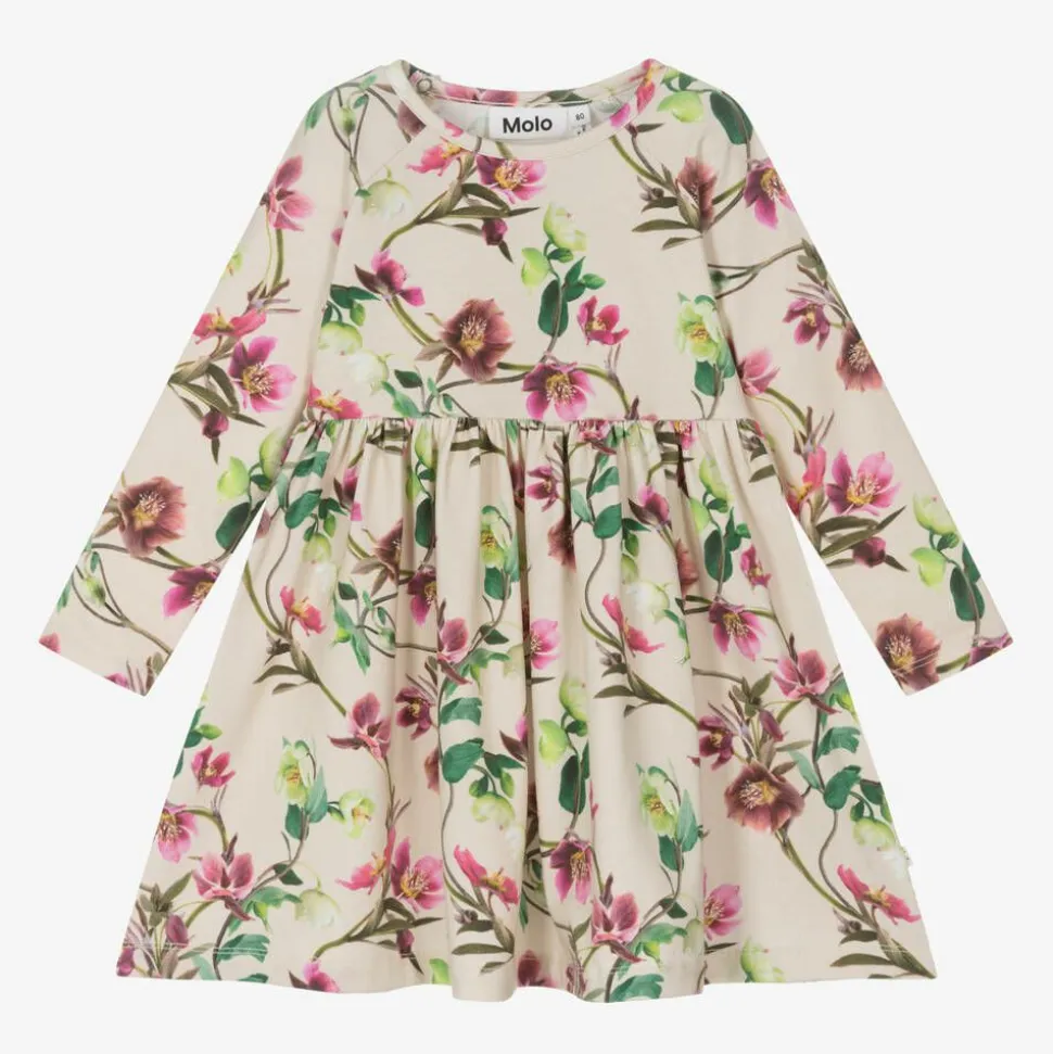 Girls Beige Floral Cotton Dress