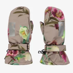 Girls Beige Floral Insulated Mittens