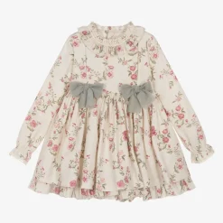 Girls Beige Floral Print Cotton Dress