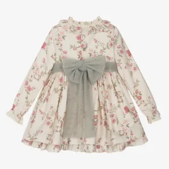 Girls Beige Floral Print Cotton Dress